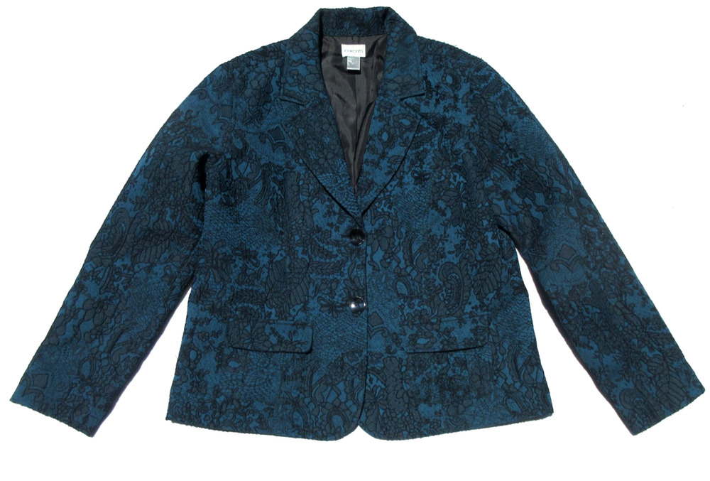 CHICOS 2 Womens Large Black-Blue Lace Floral Longsleeve Sport Jacket Blazer Coat